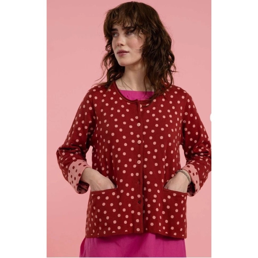 Gudrun Sjoden Cardigan Sz XL Red Pink Polka Dot Organic Cotton Scandi Lagenlook